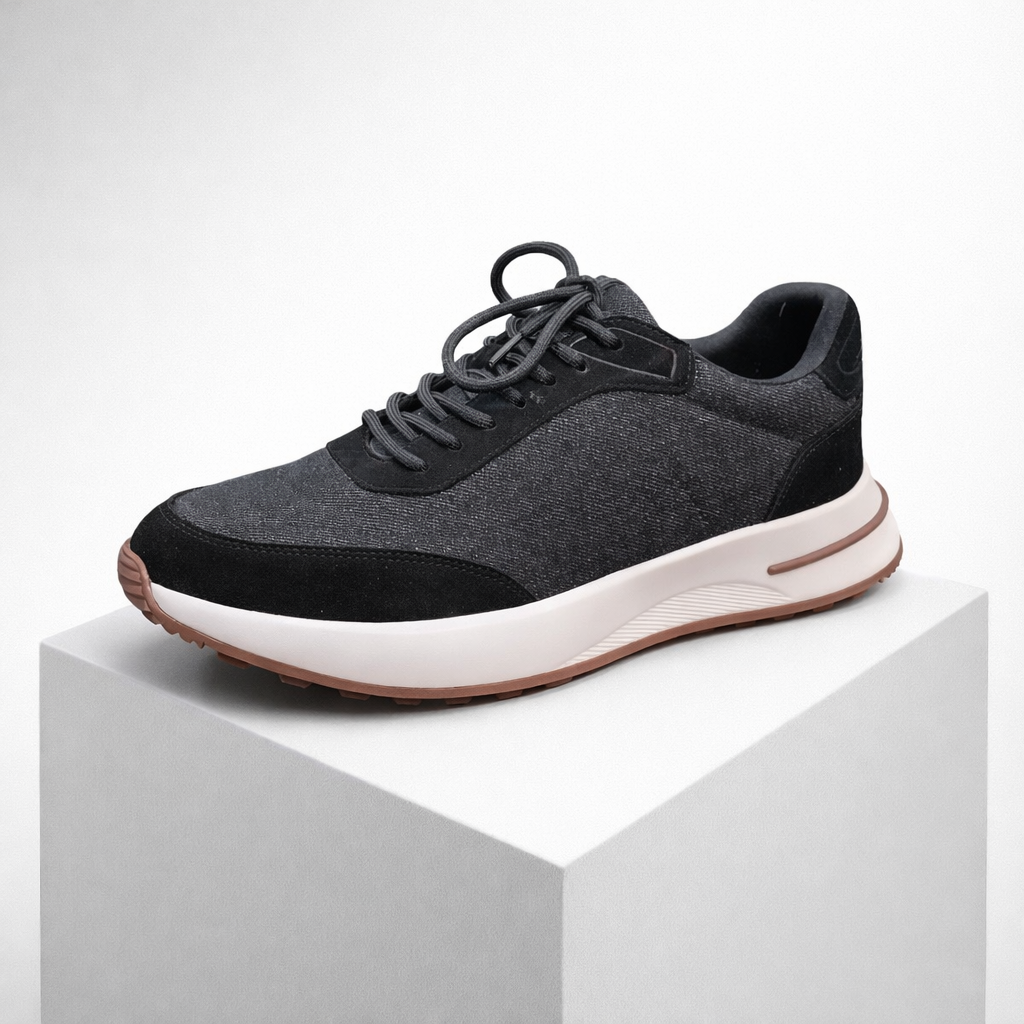 Men's black suede sneakers side view — casual — Rothwell Suede Sneakers — Oscar Blackwood