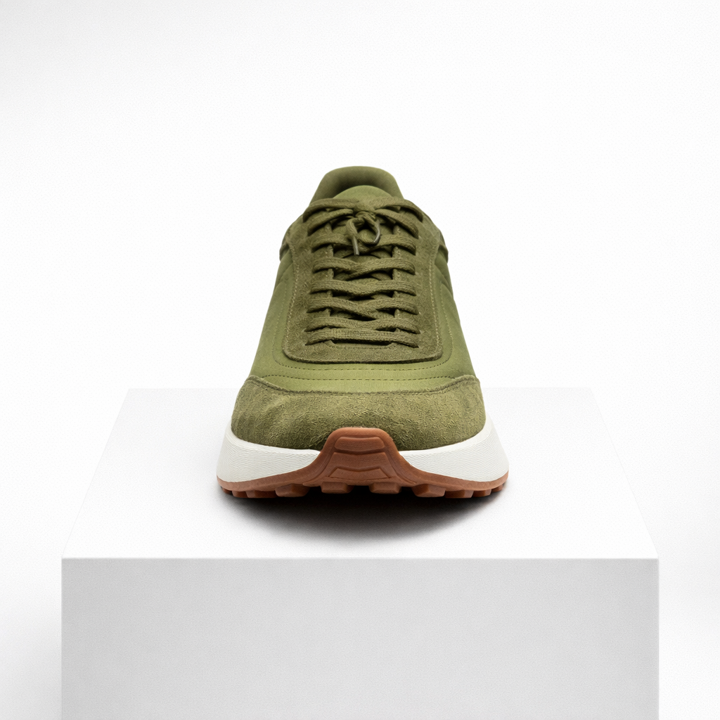 Men's green suede sneakers close-up — casual — Rothwell Suede Sneakers — Oscar Blackwood