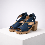 Women's blue suede heels front view — elegant — Anna Denim Block Heels — Oscar Blackwood