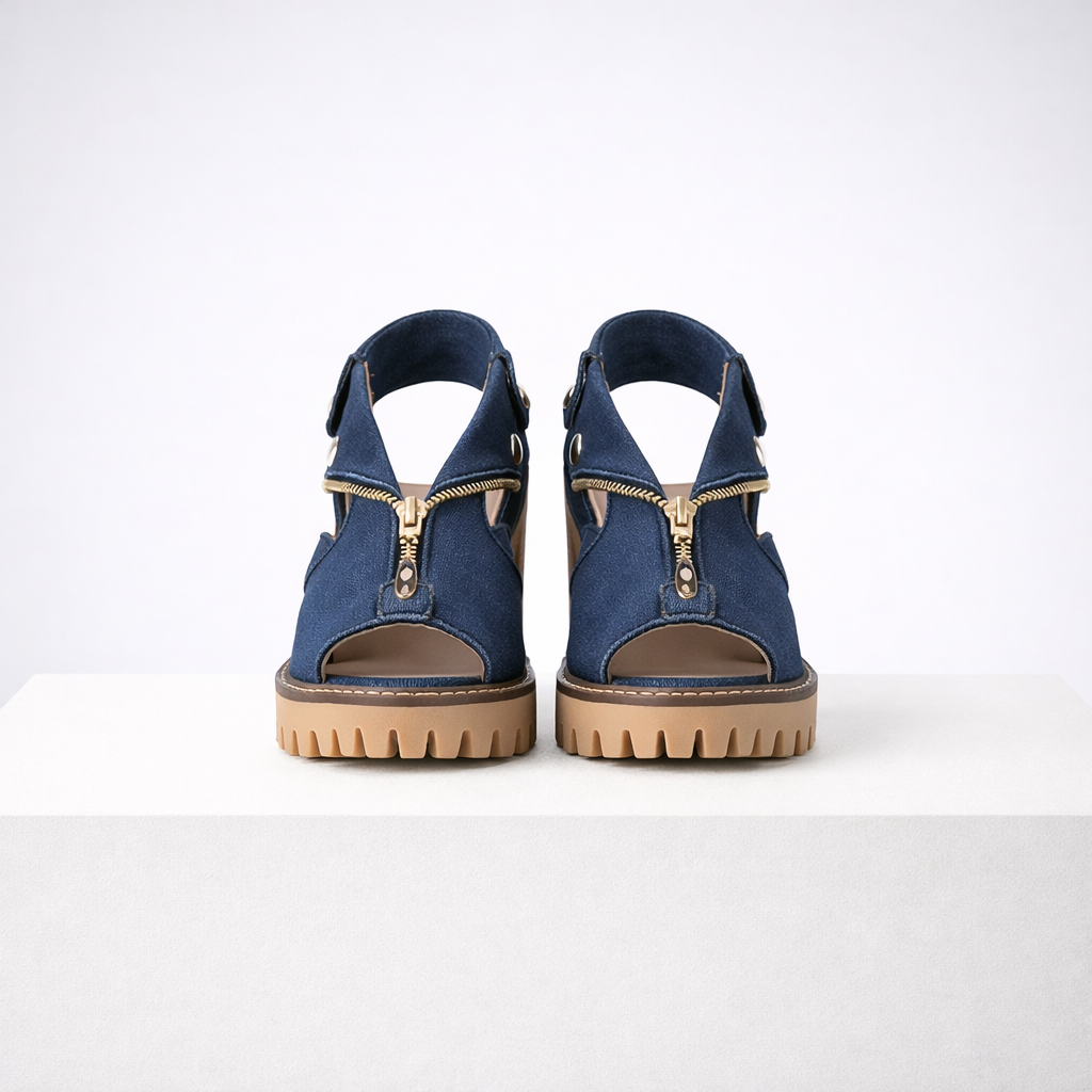 Women's blue suede heels styled look — elegant — Anna Denim Block Heels — Oscar Blackwood