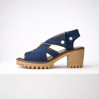 Women's blue suede heels close-up — elegant — Anna Denim Block Heels — Oscar Blackwood