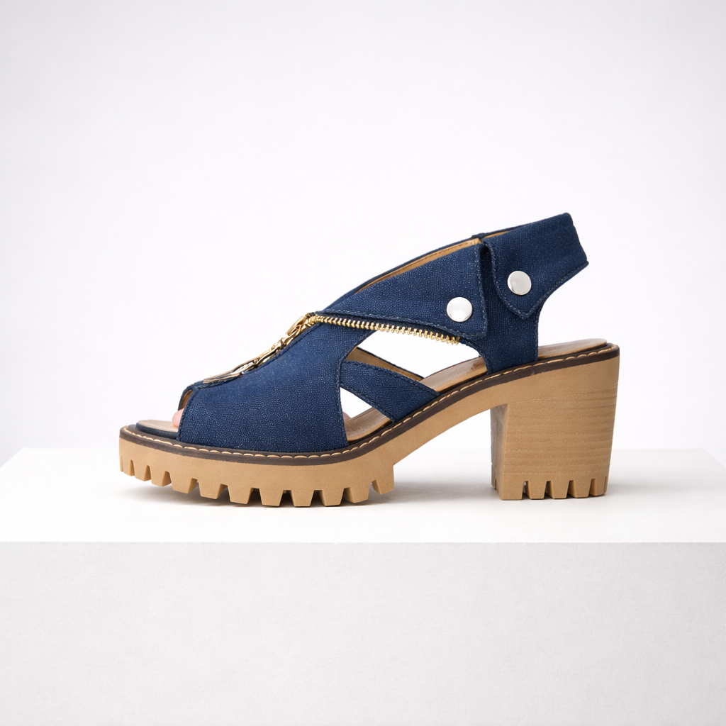 Women's blue suede heels close-up — elegant — Anna Denim Block Heels — Oscar Blackwood