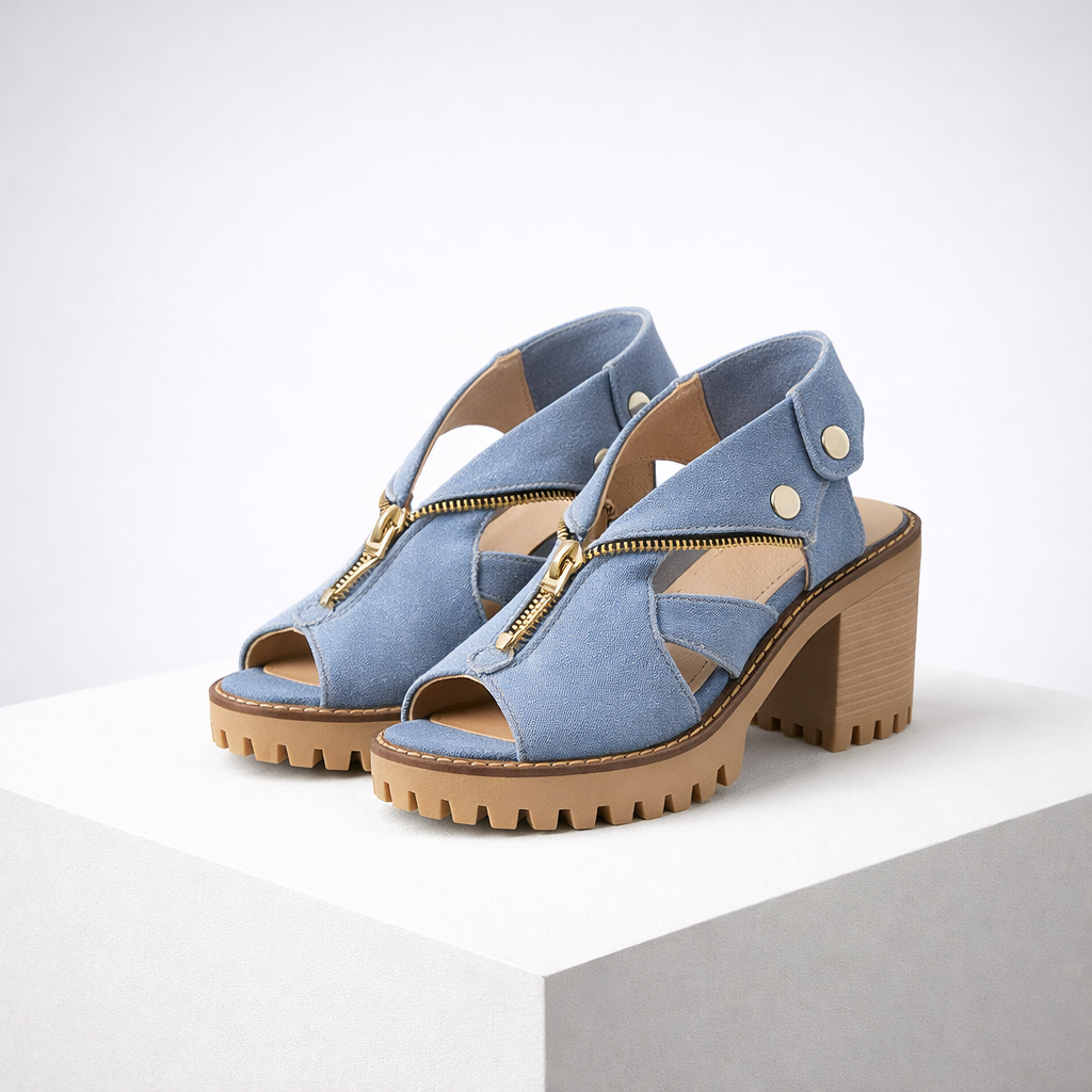 Women's light-blue suede heels alternate angle — elegant — Anna Denim Block Heels — Oscar Blackwood