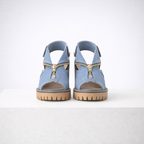 Women's blue suede heels detail view — elegant — Anna Denim Block Heels — Oscar Blackwood