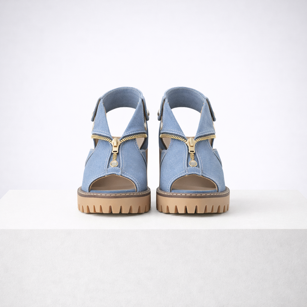 Women's blue suede heels detail view — elegant — Anna Denim Block Heels — Oscar Blackwood