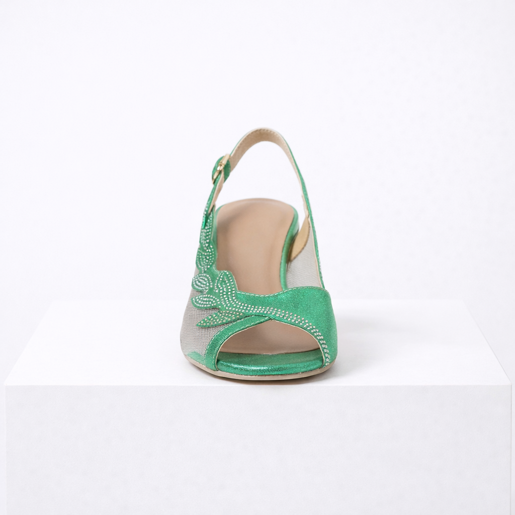 Women's green heels close-up — elegant — Lily Grace Slingback Heels — Oscar Blackwood