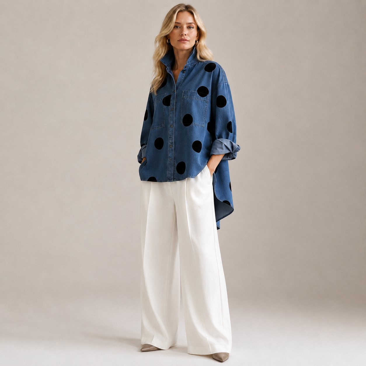 Women's blue muriel styled look — versatile — Muriel Polka Dot Shirt — Oscar Blackwood