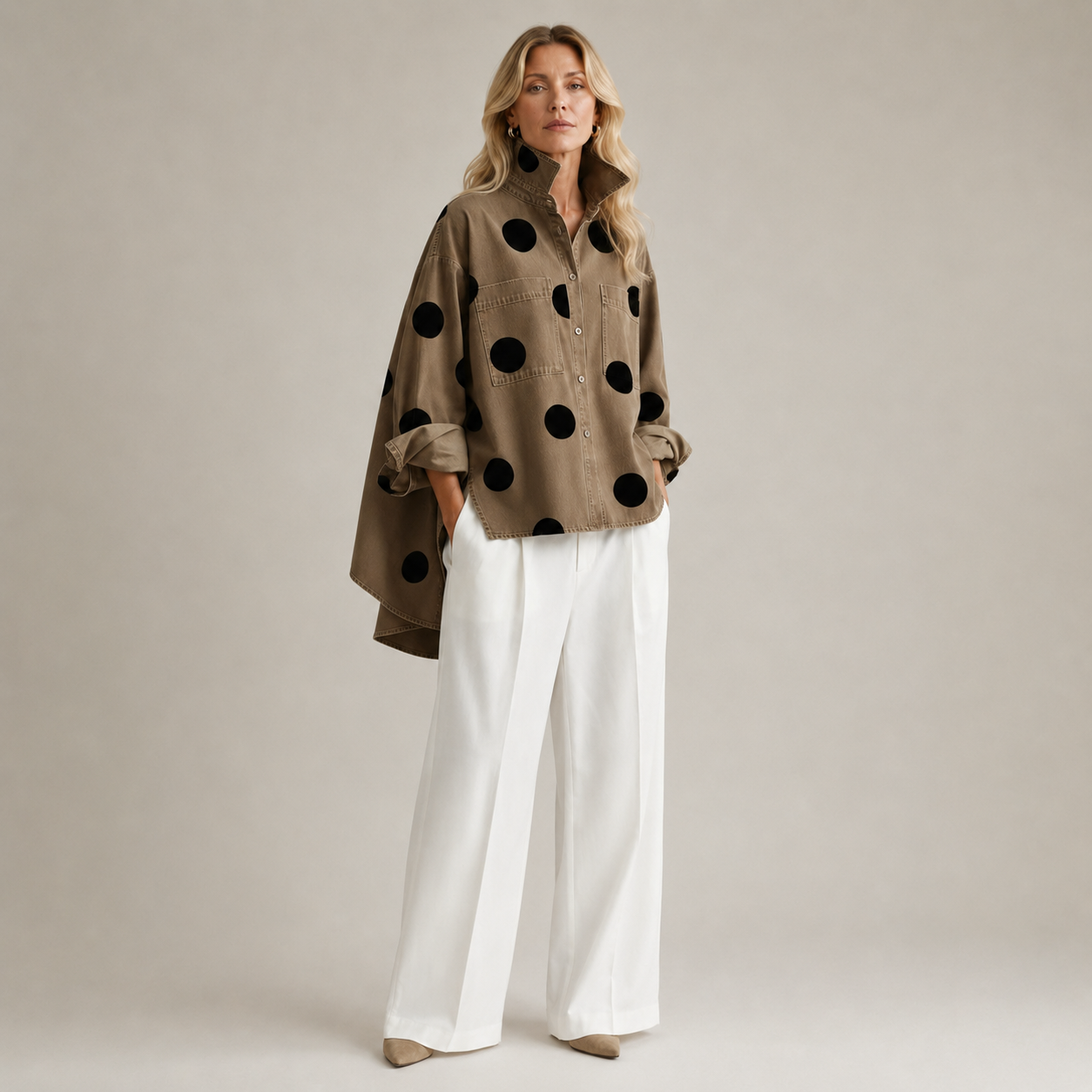 Women's tan muriel back view — versatile — Muriel Polka Dot Shirt — Oscar Blackwood