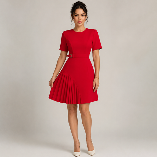 Women's red dress alternate angle — chic — Merelin Pleated Dress — Oscar Blackwood