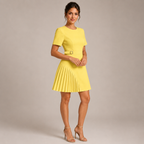 Women's yellow dress detail view — chic — Merelin Pleated Dress — Oscar Blackwood