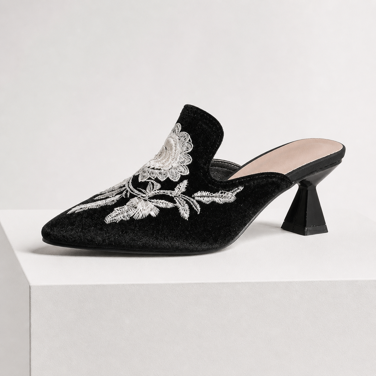 Women's black floral heels detail view — elegant — Harriet Embroidered Pointed Mules — Oscar Blackwood