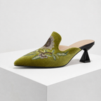 Women's green floral heels side view — elegant — Harriet Embroidered Pointed Mules — Oscar Blackwood