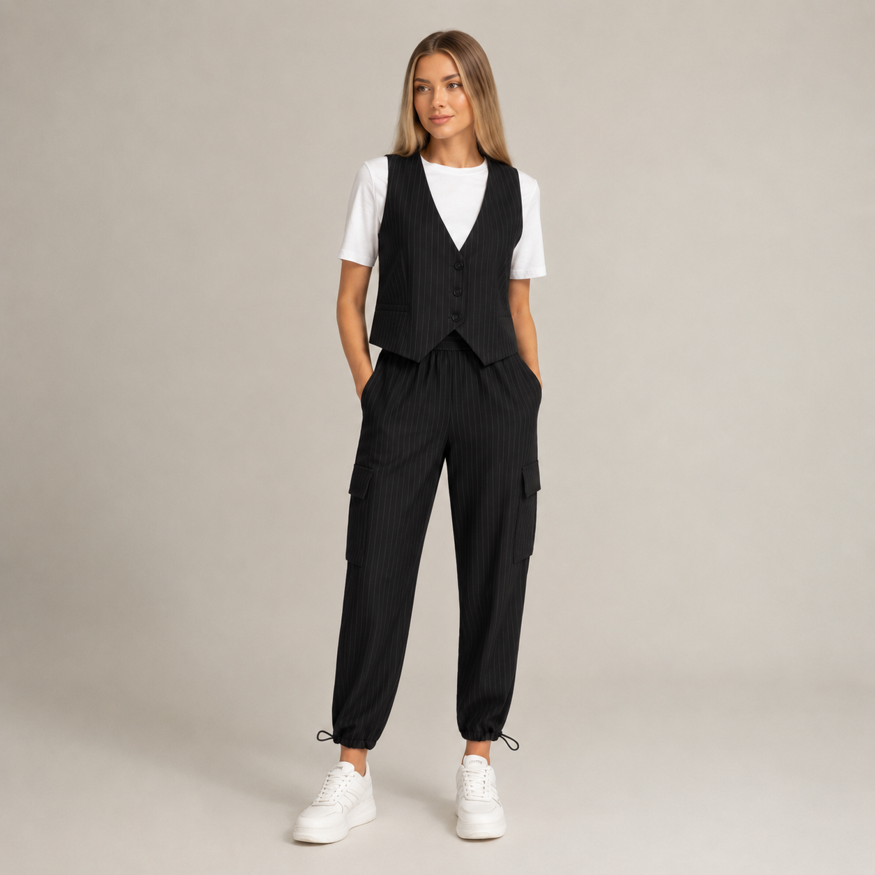 Women's black fortini close-up — versatile — Fortini 2-Piece Pinstripe Set — Oscar Blackwood