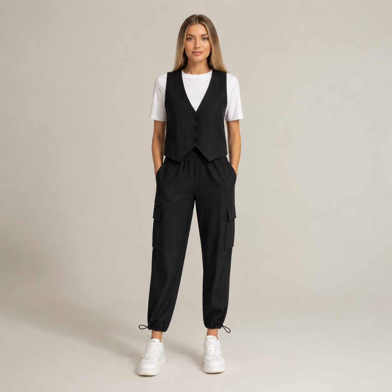 Women's black fortini back view — versatile — Fortini 2-Piece Pinstripe Set — Oscar Blackwood