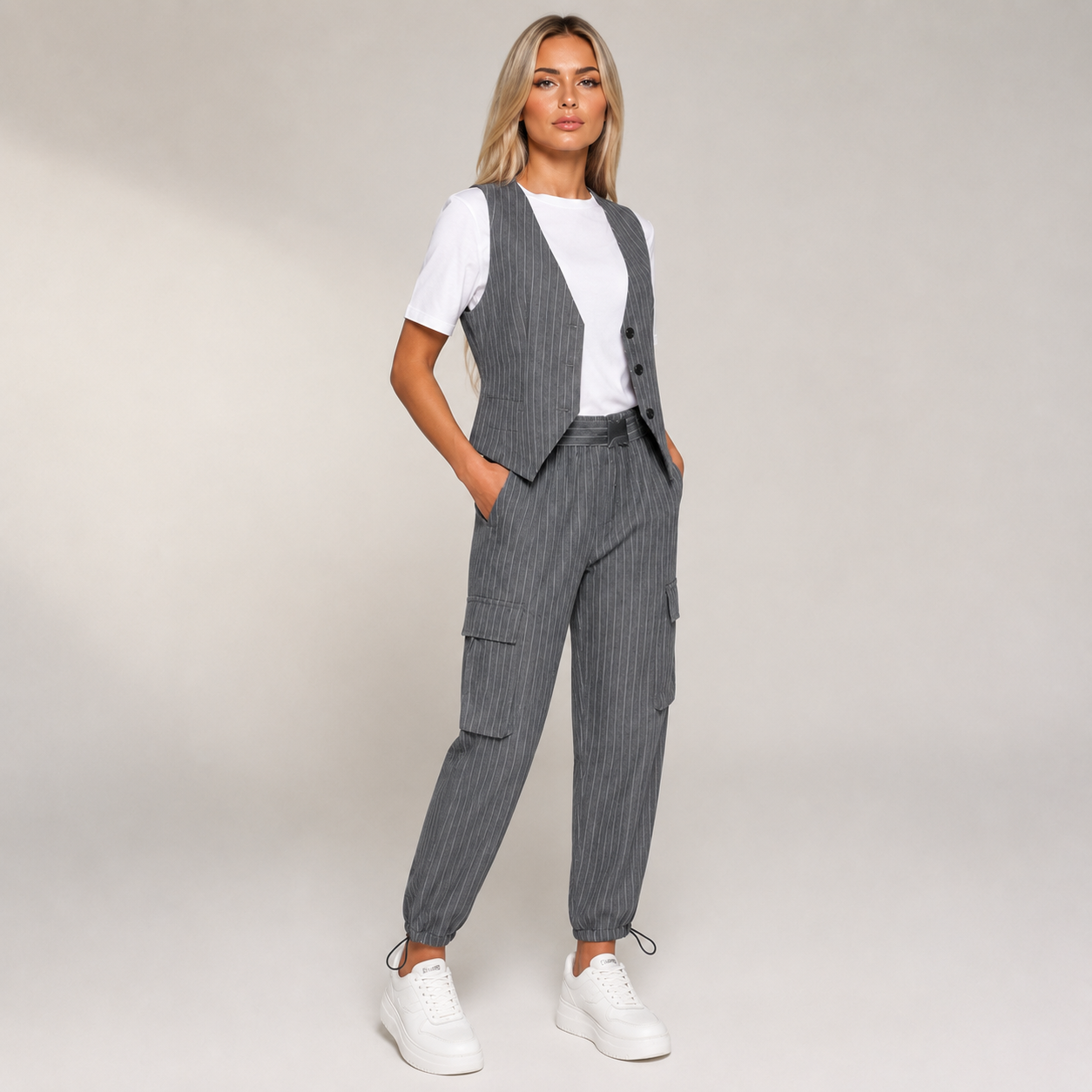 Women's gray fortini front view — versatile — Fortini 2-Piece Pinstripe Set — Oscar Blackwood