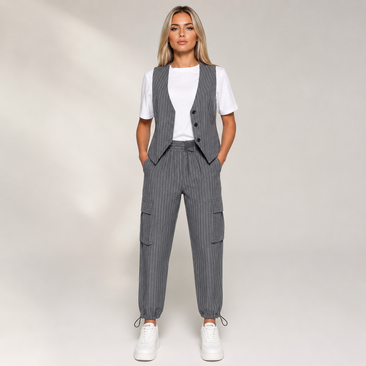Women's gray fortini detail view — versatile — Fortini 2-Piece Pinstripe Set — Oscar Blackwood