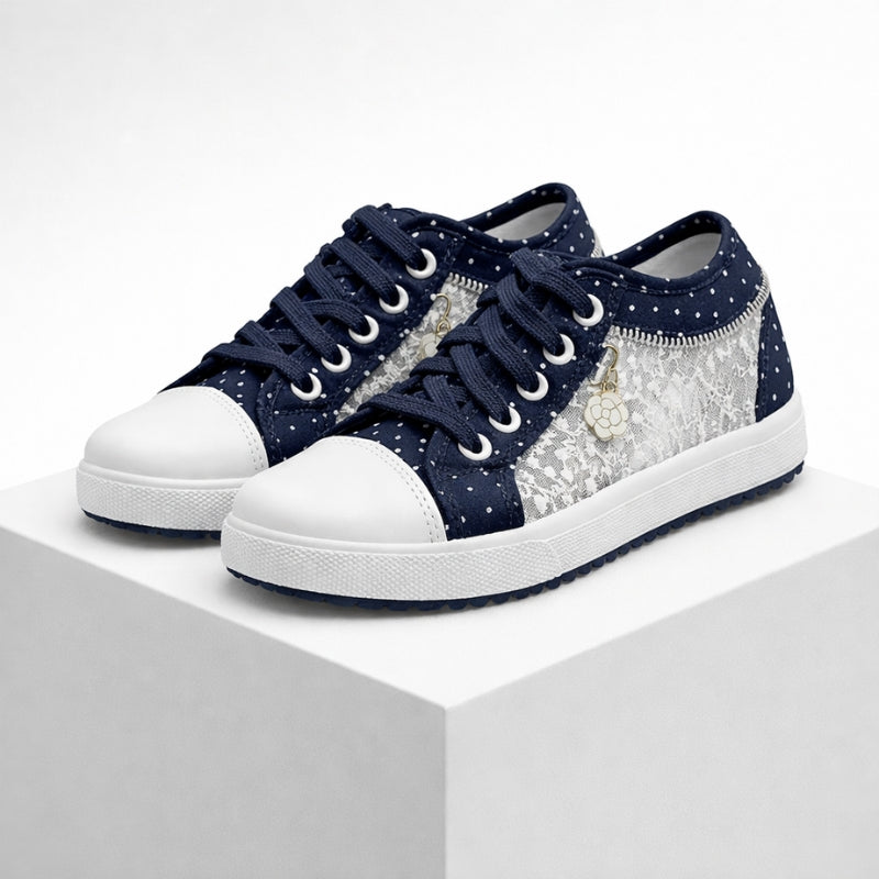Women's navy-1 lace sneakers alternate angle — casual — Stacy Denim Lace Sneakers — Oscar Blackwood