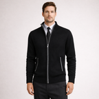 Men's black knit cardigan color detail — cozy — Steward Zipper Cardigan — Oscar Blackwood