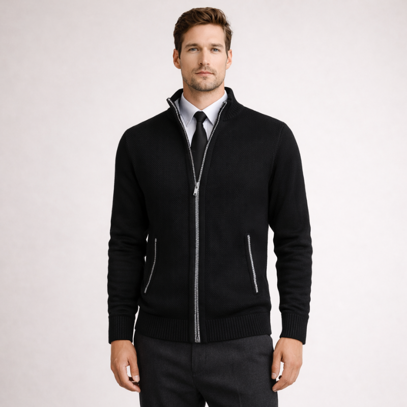 Men's black knit cardigan color detail — cozy — Steward Zipper Cardigan — Oscar Blackwood