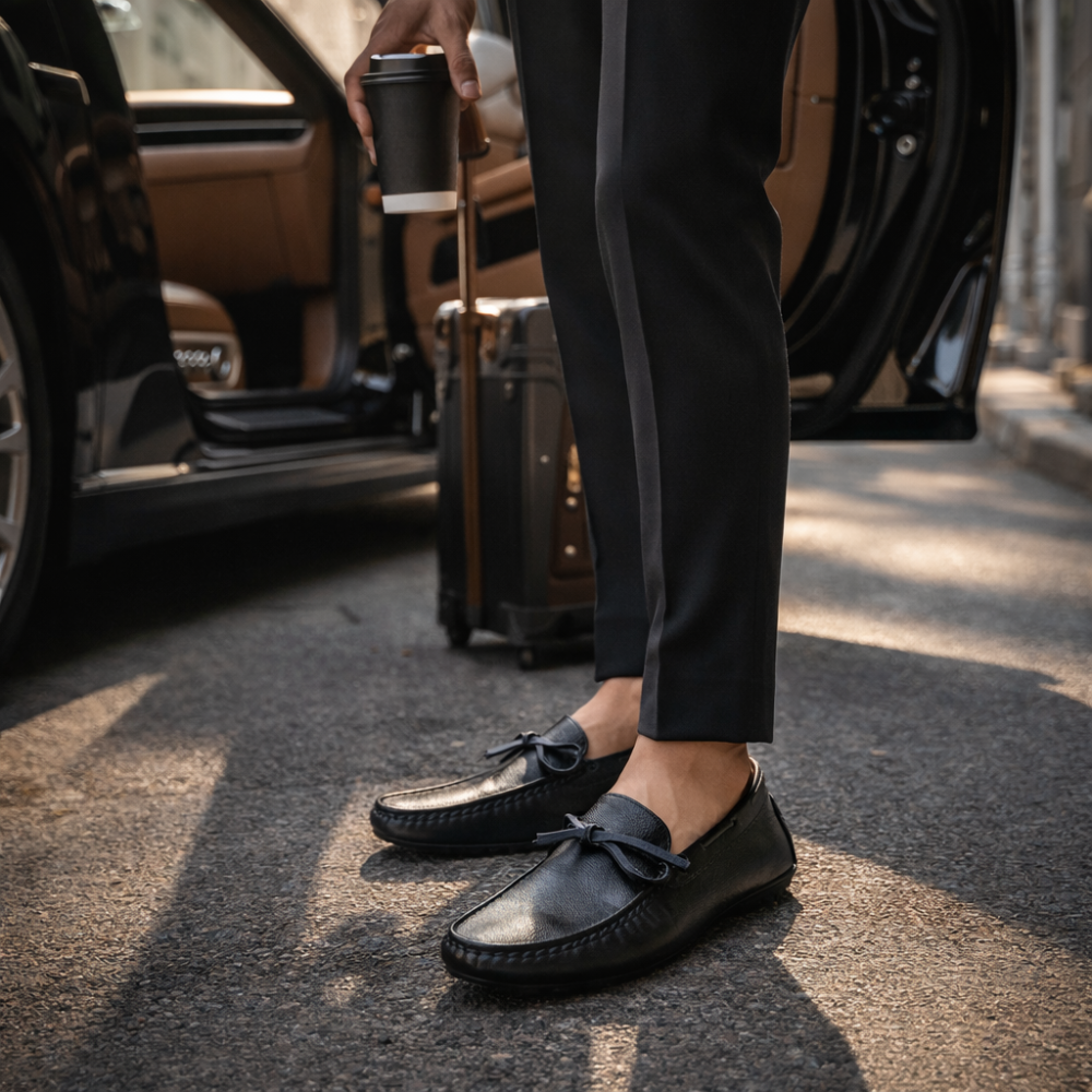 Men's leather shoes detail view — versatile — Gregory Leather Golf Moccasins — Oscar Blackwood