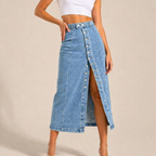 Women's black denim skirt side view — chic — Dea Bella Denim Skirt — Oscar Blackwood
