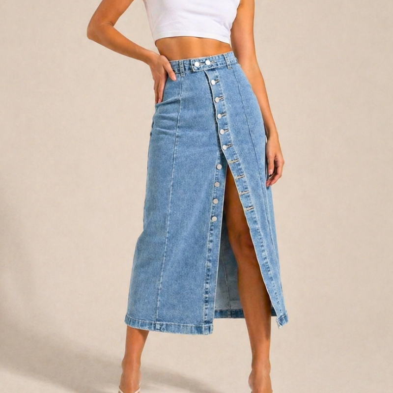 Women's black denim skirt side view — chic — Dea Bella Denim Skirt — Oscar Blackwood