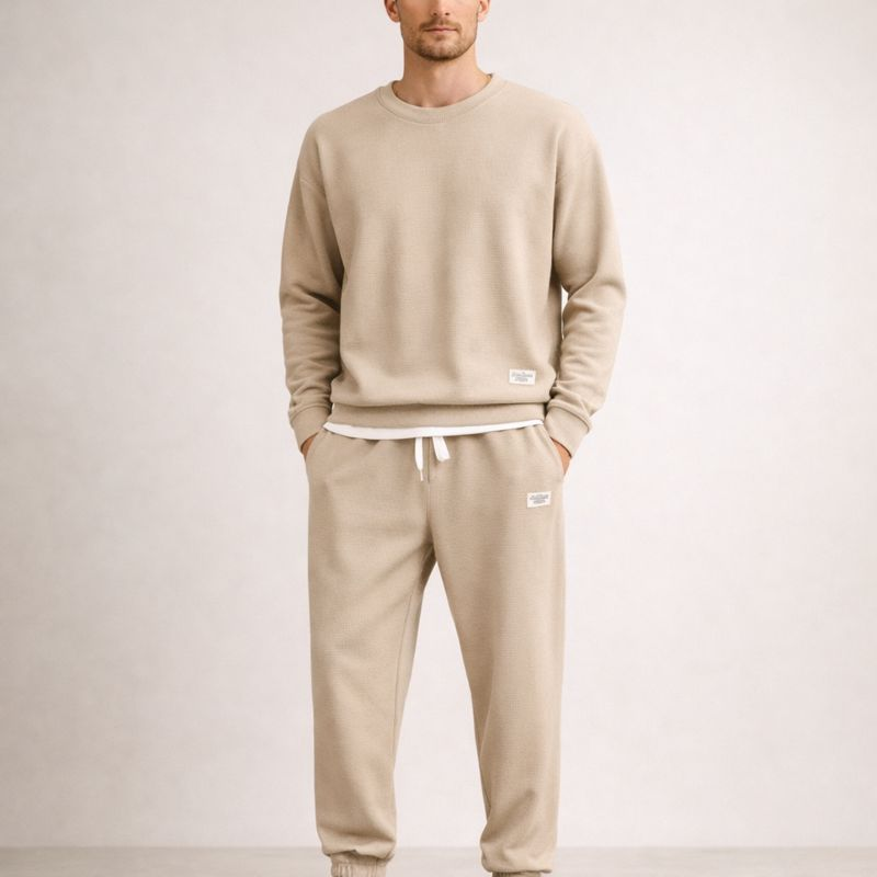 Men's beige cotton pants close-up — versatile — Eric Waffle 2 Piece Set — Oscar Blackwood