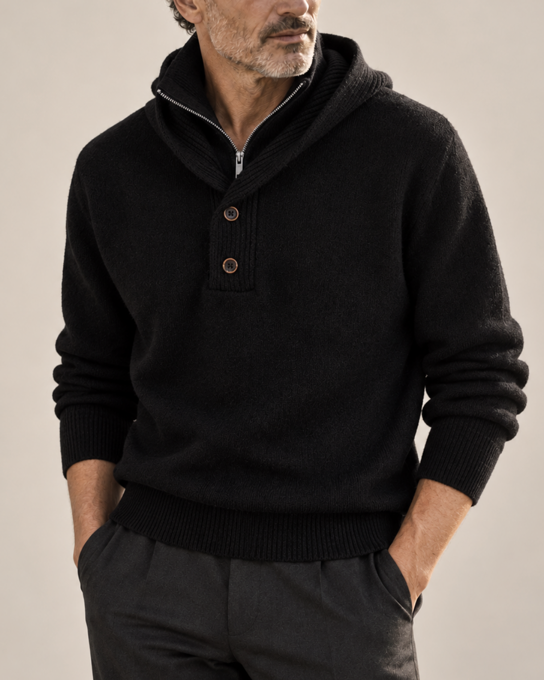 Unisex black ribbed sweater back view — cozy — Philip Hooded Turtleneck Sweater — Oscar Blackwood
