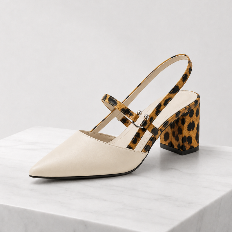 Women's leopard heels detail view — elegant — Taisia Pointed Toe Heels — Oscar Blackwood
