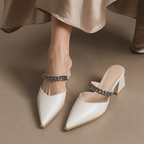 Women's heels side view — elegant — Cassandra Pointed Toe Chain Mules — Oscar Blackwood