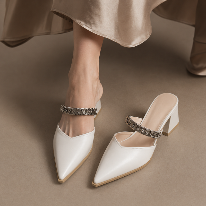 Women's heels side view — elegant — Cassandra Pointed Toe Chain Mules — Oscar Blackwood