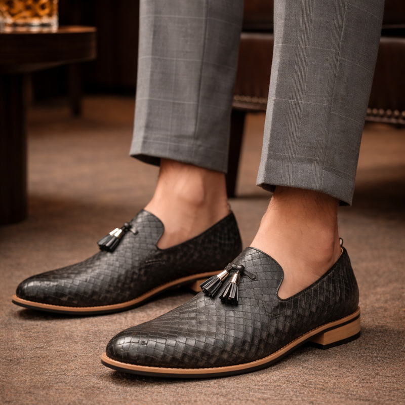 Men's woven loafers side view — versatile — Ludo Weave Leather Loafers — Oscar Blackwood