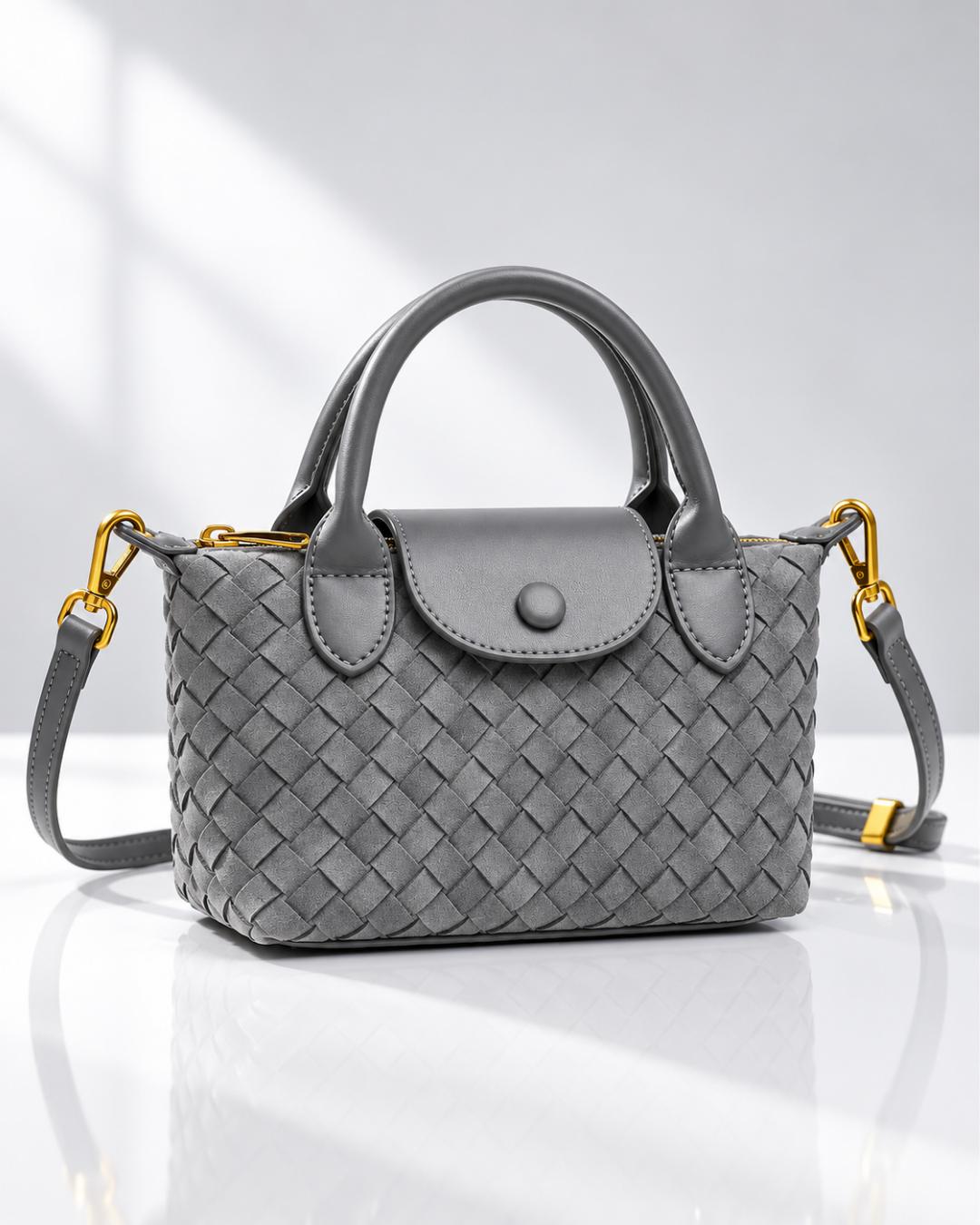 Women's gray woven handbag color detail — everyday — Marguerite Woven Crossbody Handbag — Oscar Blackwood