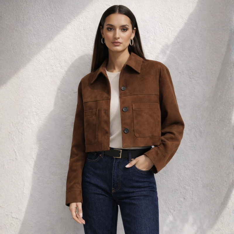 Women's suede jacket close-up — outerwear — Marissa Suede Crop Jacket — Oscar Blackwood