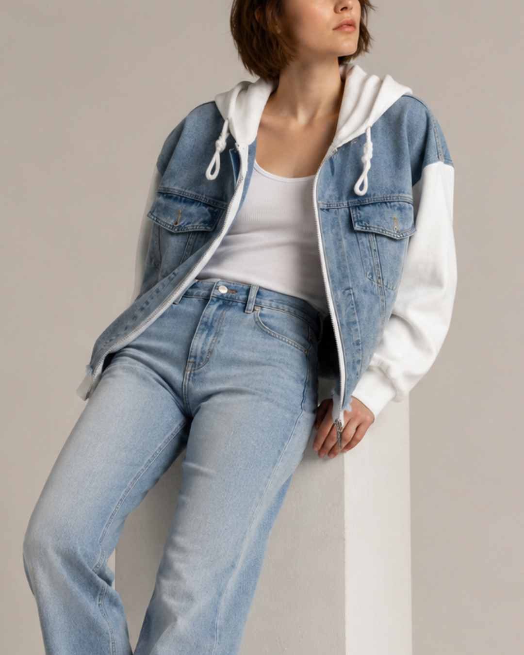 Women's denim sweater alternate angle — cozy — Denihood Hoodie — Oscar Blackwood