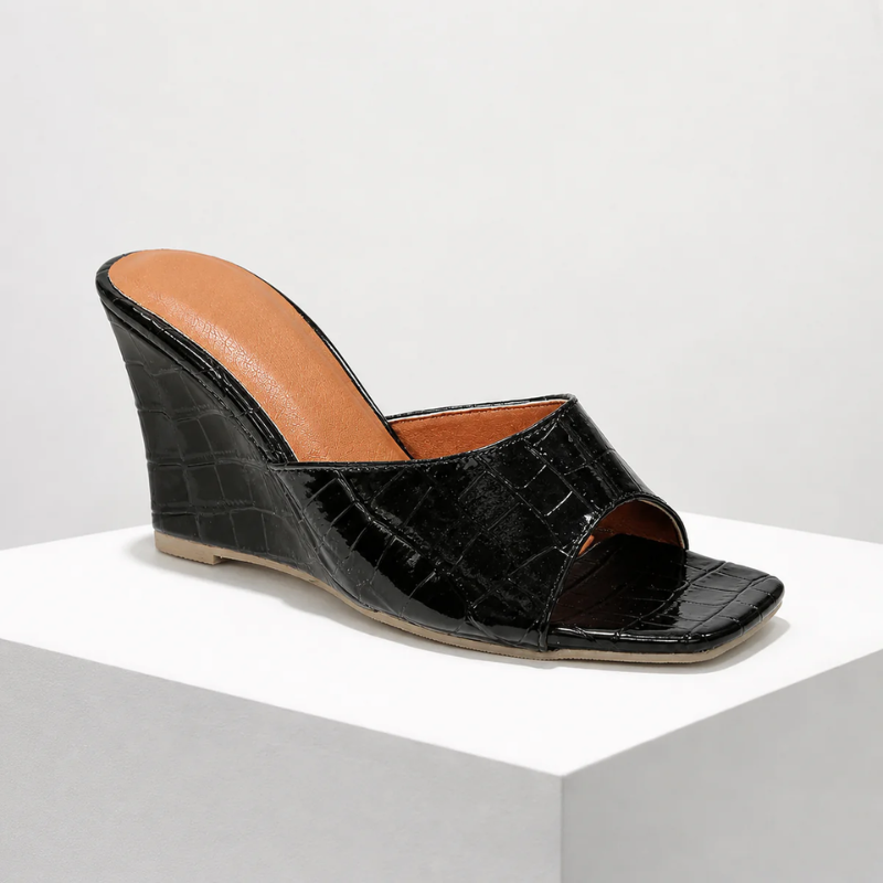 Women's black heels color detail — elegant — Christina Wedge Sandals — Oscar Blackwood