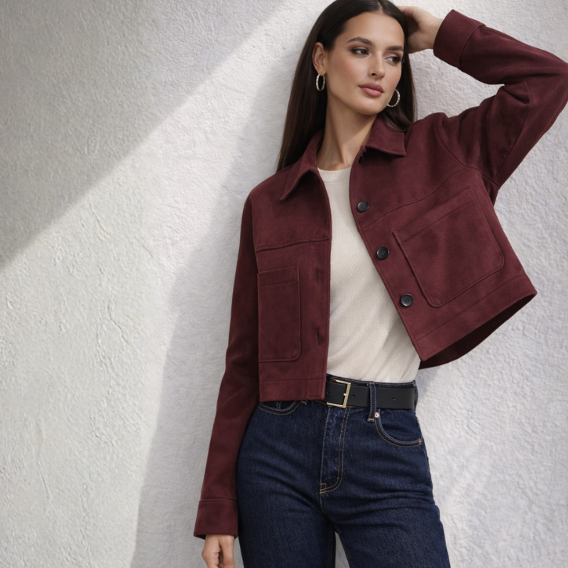 Women's suede jacket detail view — outerwear — Marissa Suede Crop Jacket — Oscar Blackwood