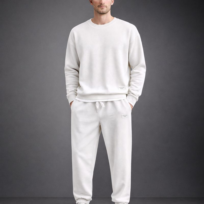 Men's white cotton pants detail view — versatile — Eric Waffle 2 Piece Set — Oscar Blackwood