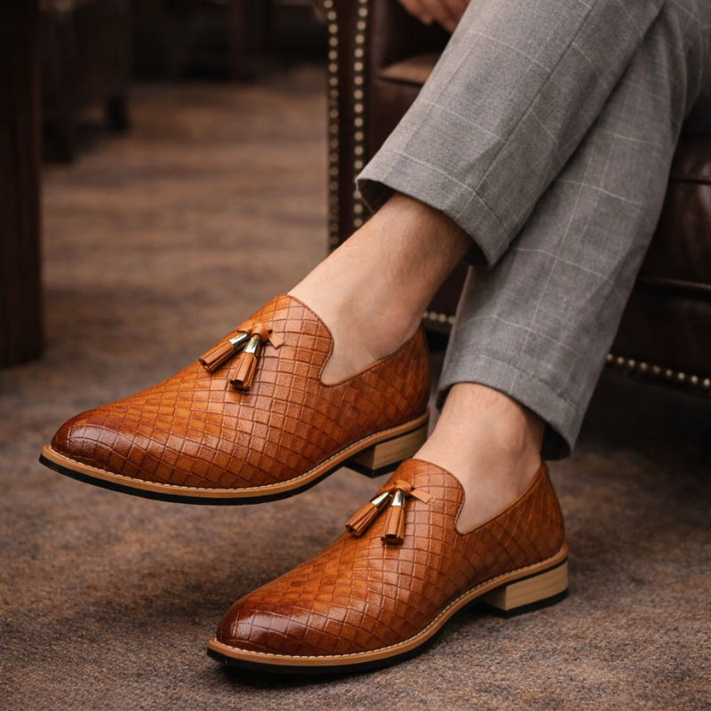 Men's woven loafers alternate angle — versatile — Ludo Weave Leather Loafers — Oscar Blackwood