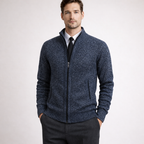 Men's navy-1 knit cardigan close-up — cozy — Steward Zipper Cardigan — Oscar Blackwood