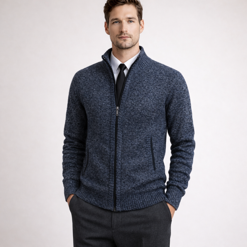 Men's navy-1 knit cardigan close-up — cozy — Steward Zipper Cardigan — Oscar Blackwood