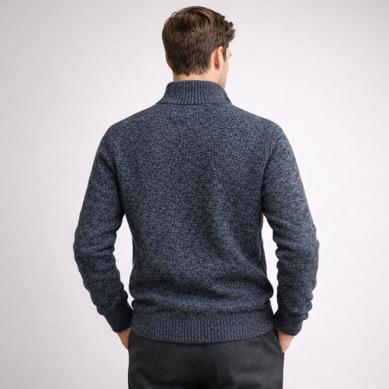 Men's red knit cardigan back view — cozy — Steward Zipper Cardigan — Oscar Blackwood