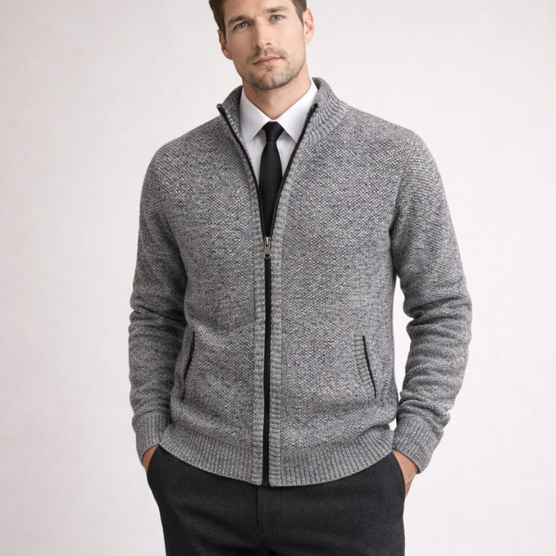 Men's light-gray knit cardigan close-up — cozy — Steward Zipper Cardigan — Oscar Blackwood