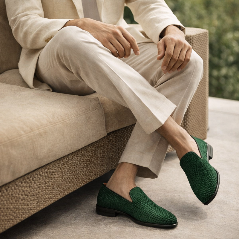 Men's velvet loafers side view — versatile — Benedict Velvet Flat Shoes — Oscar Blackwood