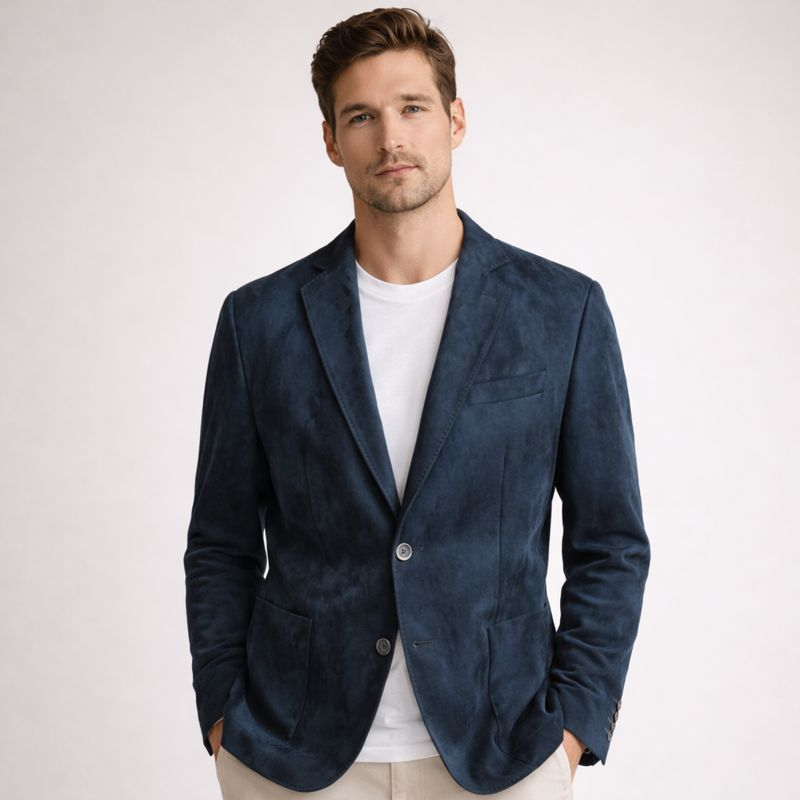 Men's blue suede jacket front view — outerwear — Ludvic Suede Blazer — Oscar Blackwood