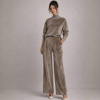 Women's khaki velvet pants side view — versatile — Shona Velvet 2 Piece Set — Oscar Blackwood