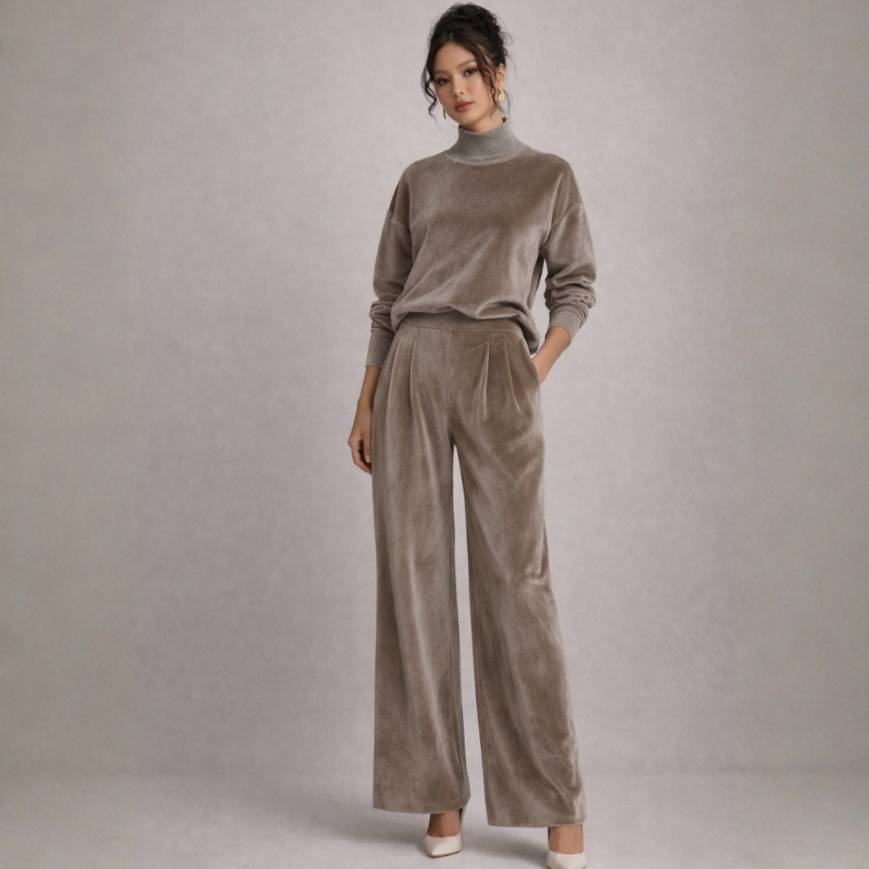 Women's khaki velvet pants side view — versatile — Shona Velvet 2 Piece Set — Oscar Blackwood