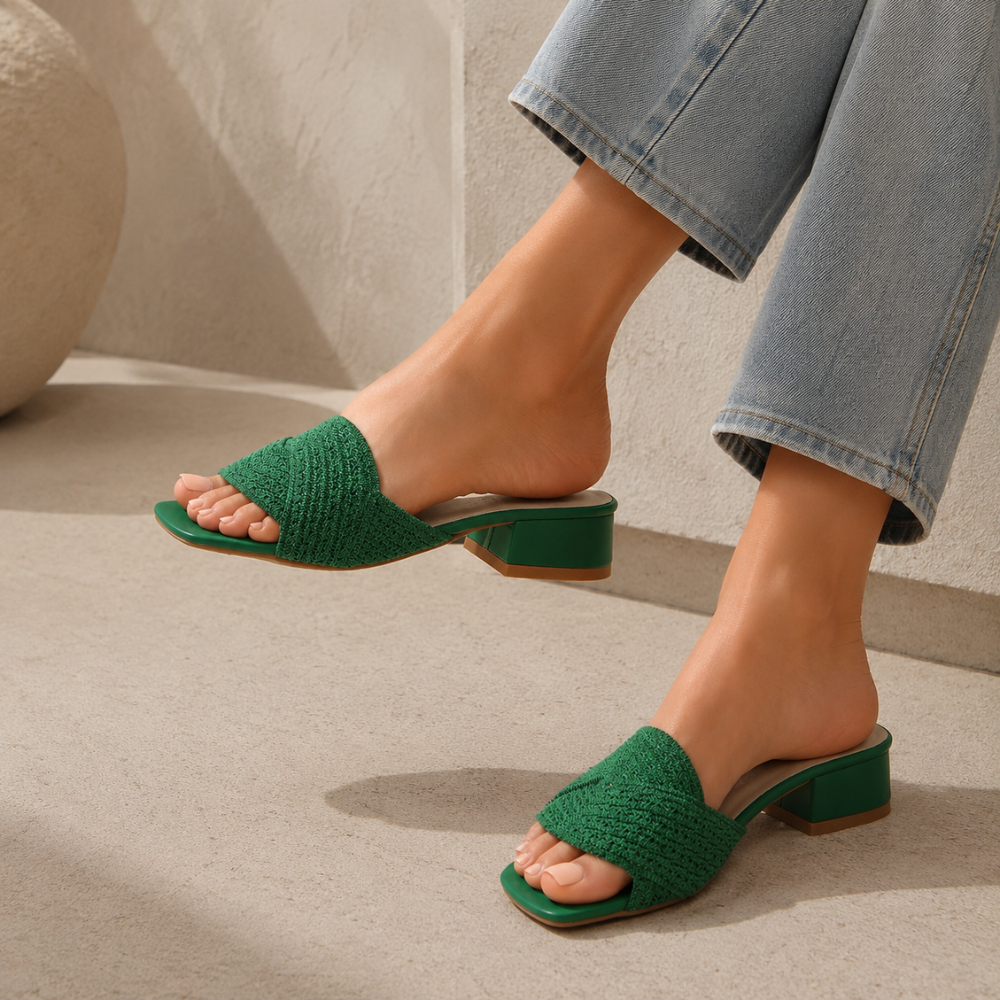 Women's woven sandals front view — summer — Iris Woven Slide Sandals — Oscar Blackwood