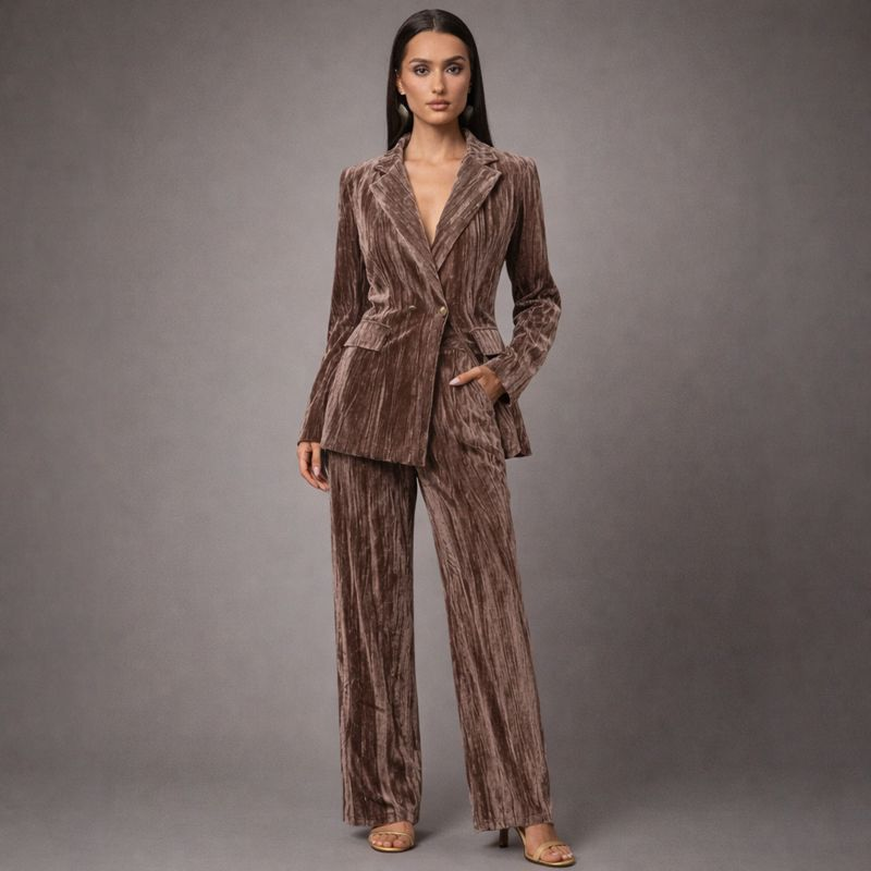 Women's beige velvet pants back view — versatile — Ruby Velvet 2 Piece Set — Oscar Blackwood