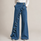 Women's blue denim skirt front view — chic — Lexa Denim Skirt Pants — Oscar Blackwood